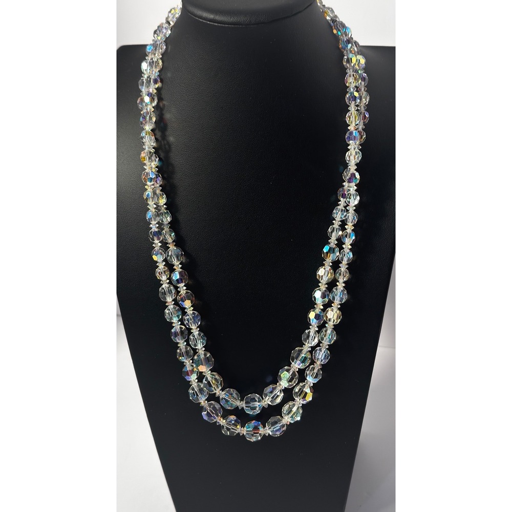 Vintage Aurora Borealis Crystal Double Strand Necklace European Style Box Clasp
